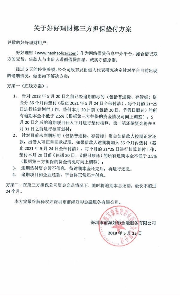 关于好好理财第三方担保垫付方案······36个月分期套路······好好理财 2018.5.25-17:01